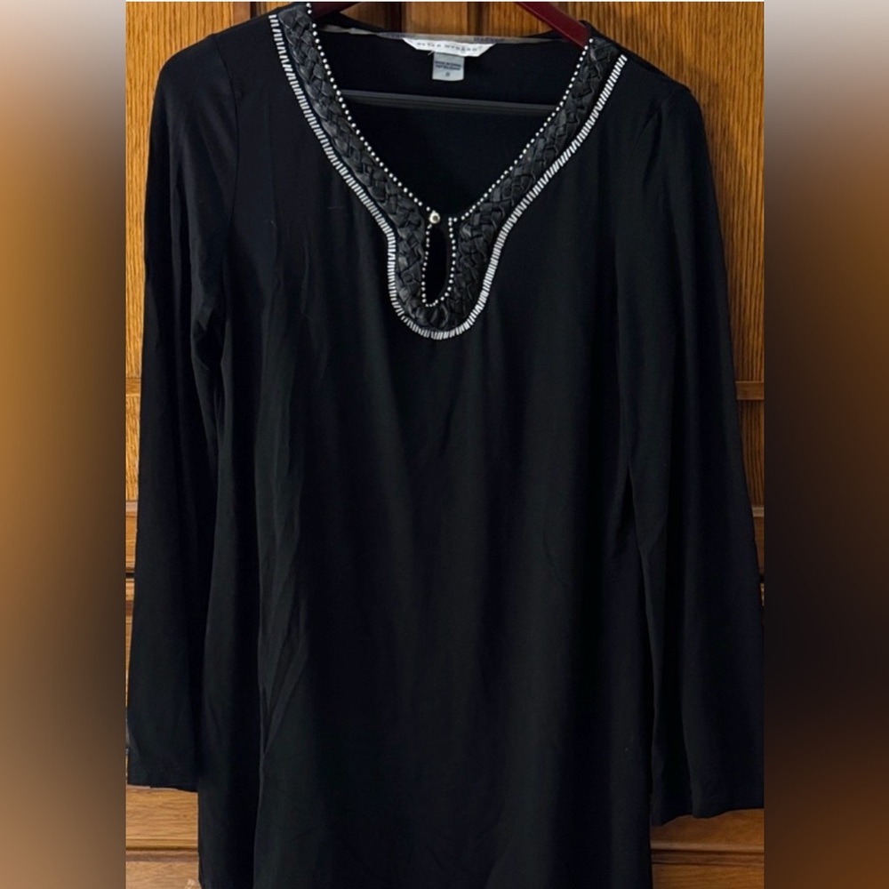 Peter Nygard Chic V-neck Tunic Embellished Braided Faux Leather Beaded Lagenlook